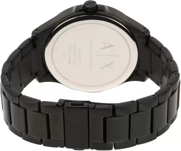 Back View Of A/X Armani Exchange AX2407 Hampton Analog Watch for Men featuring a sleek black dial, stainless steel case, and black stainless steel band. Water-resistant up to 50 meters with quartz movement and date function.