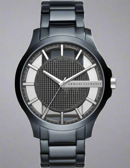 Armani Exchange AX2413 Hampton Analog Men's Watch with a bold black dial, silver accents, stainless steel bracelet, date display, and 50m water resistance for a sleek and versatile style.