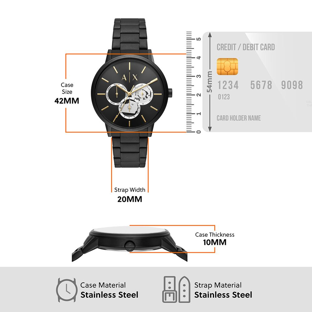 Specification View Of Armani Exchange AX2748 Cayde Men's Analog Watch featuring a black dial with white accents, stainless steel case, and black and rose gold bracelet. Includes day and date functions with 50M water resistance.