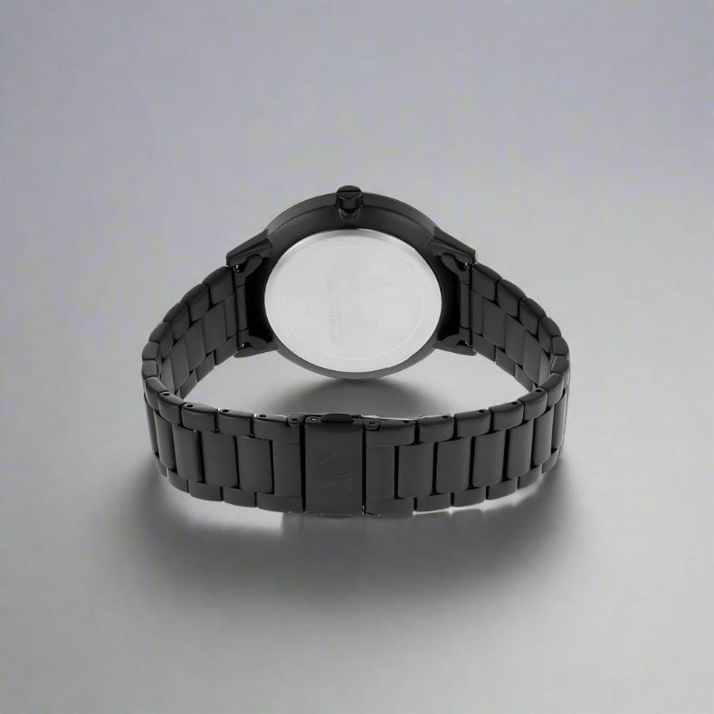 Back View Of Armani Exchange AX2748 Cayde Men's Analog Watch featuring a black dial with white accents, stainless steel case, and black and rose gold bracelet. Includes day and date functions with 50M water resistance.