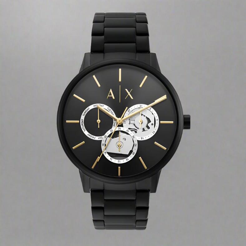 Armani Exchange AX2748 Cayde Men's Analog Watch featuring a black dial with white accents, stainless steel case, and black and rose gold bracelet. Includes day and date functions with 50M water resistance.