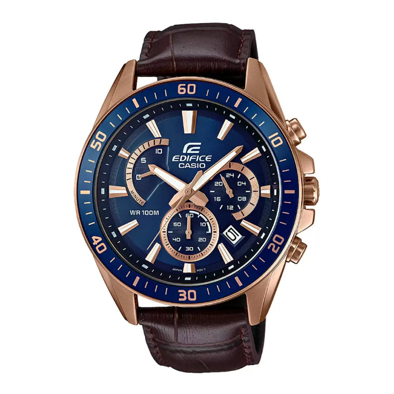 Casio Edifice EFR-552GL-2AVUDF Brown Chronograph Men's Watch with a bold dial, genuine leather strap, and 100M water resistance, inspired by motorsports.