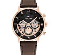Tommy Hilfiger Multifunction Black Dial Brown Leather Strap Watch For Men