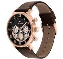 Tommy Hilfiger Multifunction Black Dial Brown Leather Strap Watch For Men