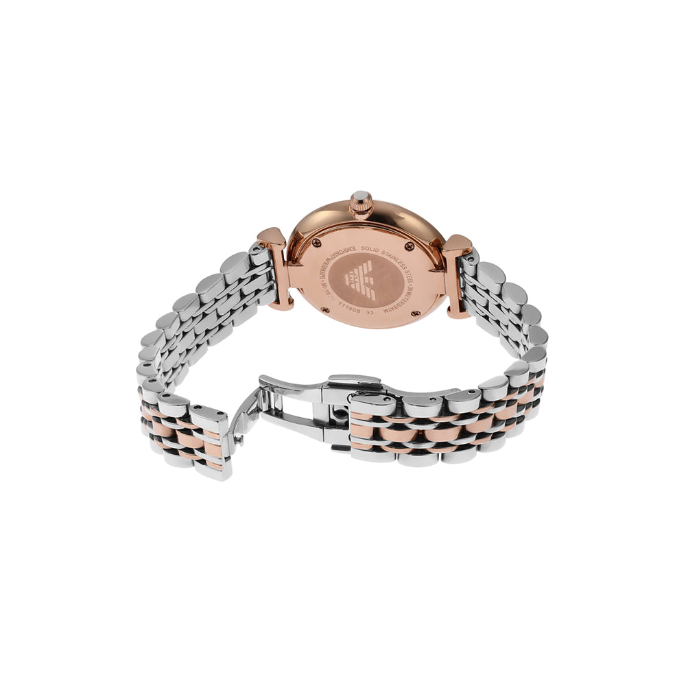 Back View Of Emporio Armani AR1926 Gianni T Bar Two-Tone Watch with a white dial, rose gold accents, and two-tone stainless steel bracelet.