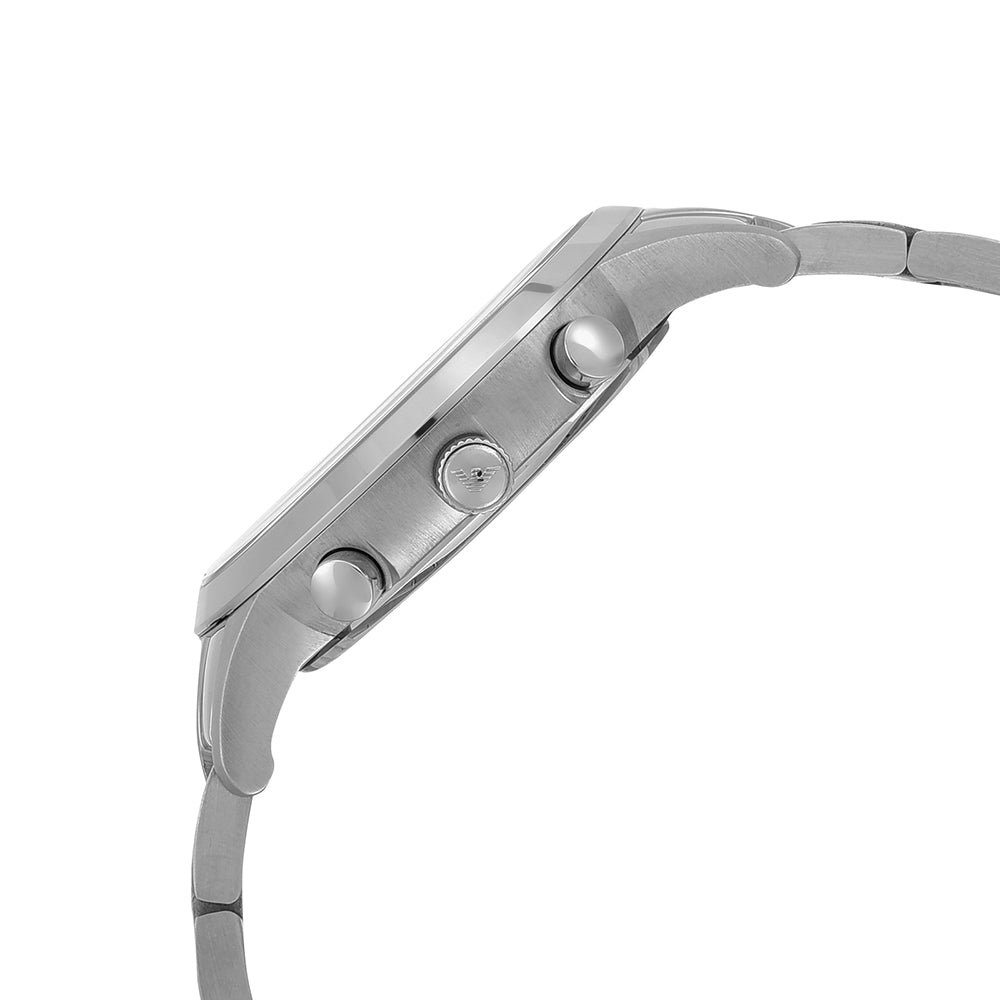 Side View Of Emporio Armani AR2434 Silver Watch with a black chronograph dial, stainless steel bracelet, and quartz movement.