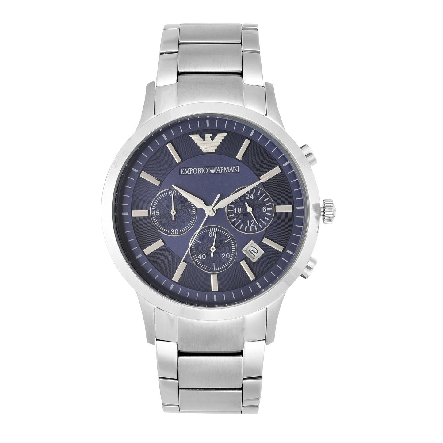 Emporio Armani AR2448 Silver Watch with deep navy blue dial, chronograph function, and stainless steel bracelet.