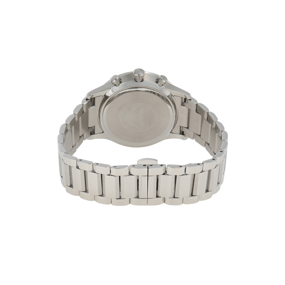 Back View Of Emporio Armani Giovanni Round Quartz Black Dial Men Watch AR11208 with a black dial, silver accents, and a stainless steel bracelet.