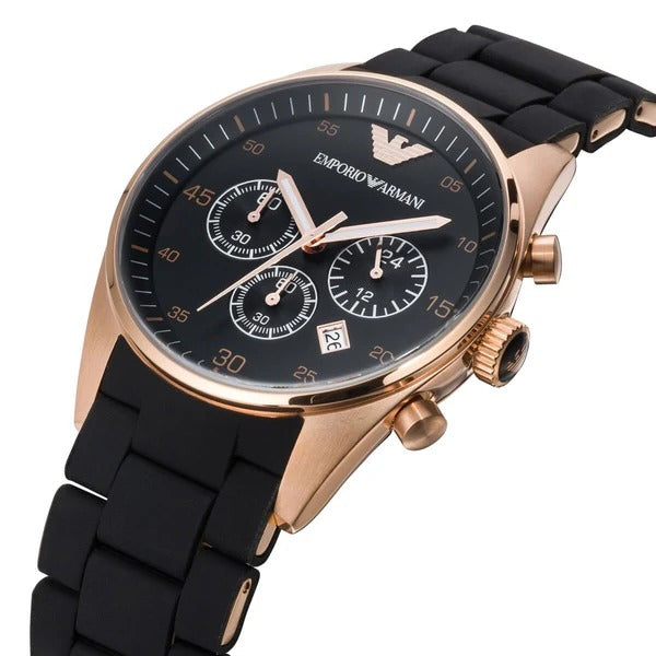Close View Of Emporio Armani TAZIO Men Black Analogue Watch AR5905 with a black dial, chronograph features, and a silicon strap.