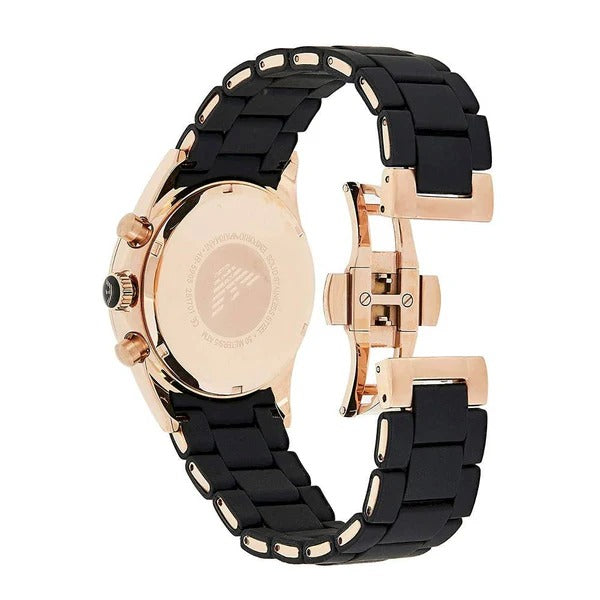 Back View Of Emporio Armani TAZIO Men Black Analogue Watch AR5905 with a black dial, chronograph features, and a silicon strap.