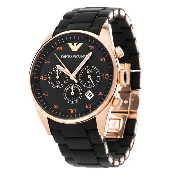 Emporio Armani TAZIO Men Black Analogue Watch AR5905 with a black dial, chronograph features, and a silicon strap.