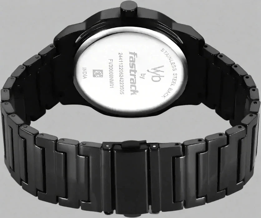 Back View Of Fastrack FV30009NM01W Vyb Quest Quartz Analog Black Dial Black Metal Strap Watch.