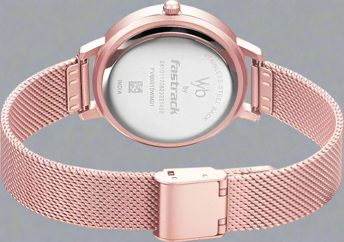 Back View Of Fastrack FV60010WM01W Vyb Aurora Quartz Analog Rose Gold Dial Stainless Steel Strap Watch .