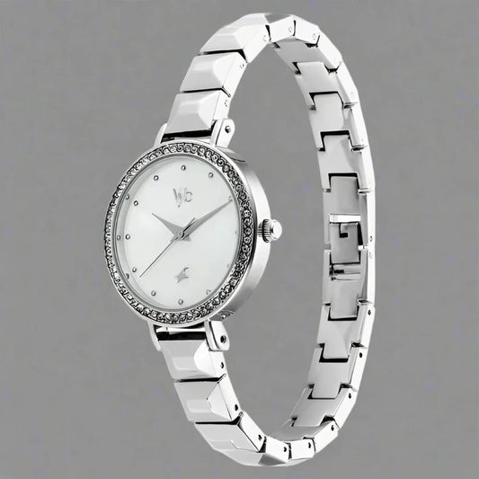 Fastrack FV60050SM01W Vyb Enigma Quartz Analog Mother of Pearl Dial Silver Color Metal Strap Watch.