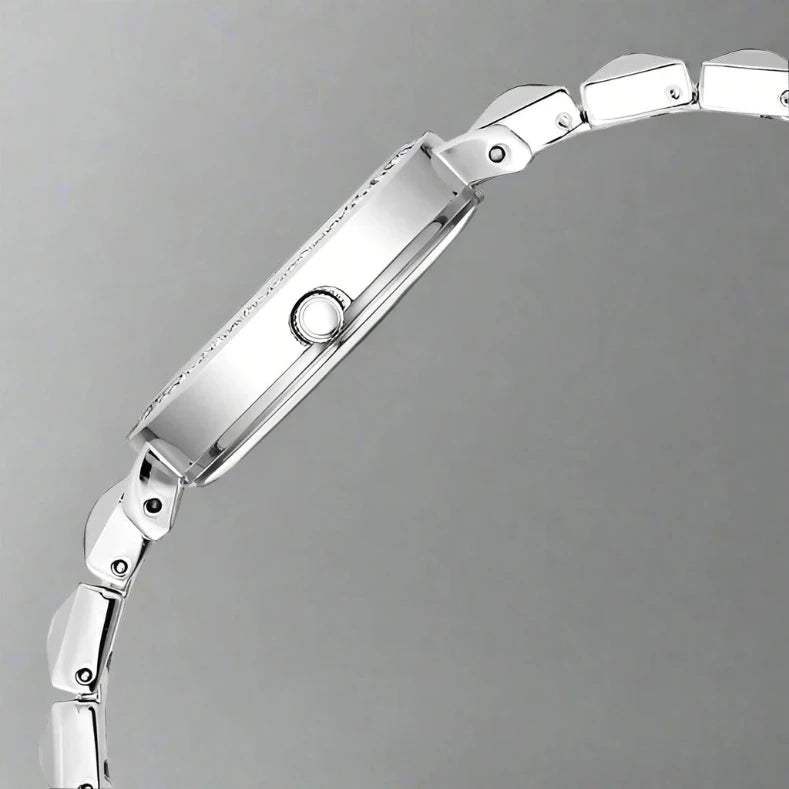 Side View Of Fastrack FV60050SM01W Vyb Enigma Quartz Analog Mother of Pearl Dial Silver Color Metal Strap Watch.