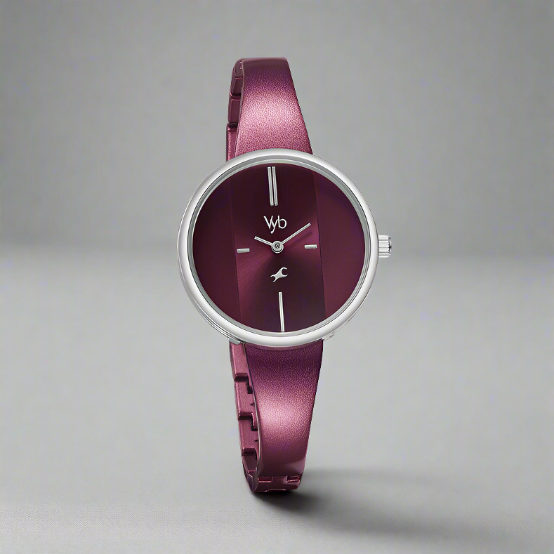 Fastrack FV60004KM01W Vyb Siren Quartz Analog Watch with a maroon dial and matching maroon metal strap, designed for girls