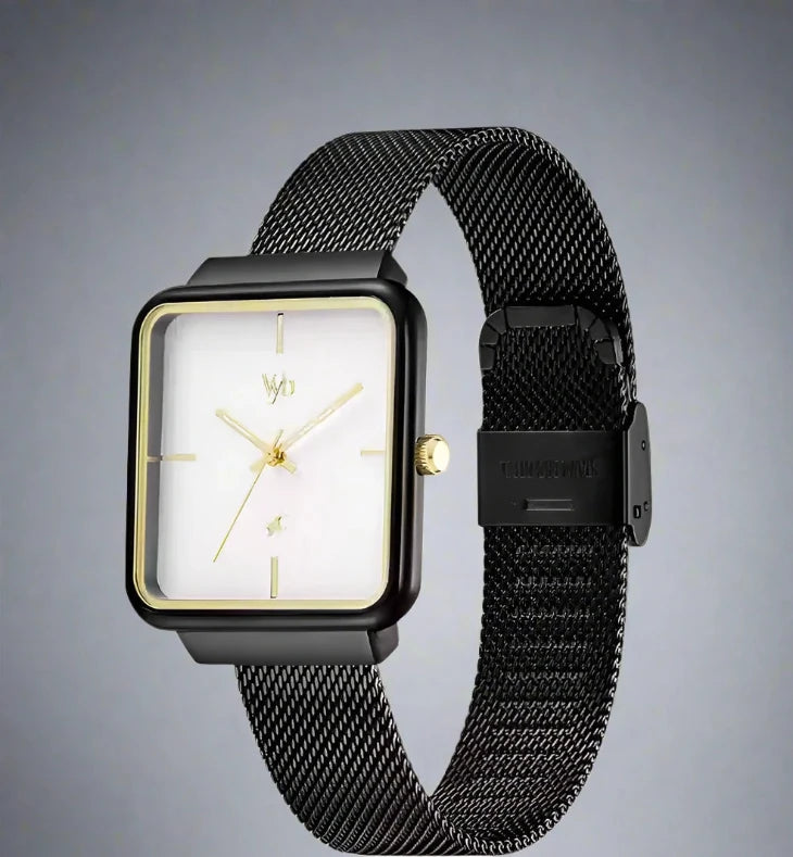 Front Look Of Fastrack FV60012KM01W Vyb Minimalist Quartz Analog Silver Dial Watch with a black stainless steel strap, designed for girls.