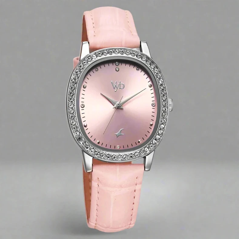 Fastrack FV60049SL01W Vyb Mirage Quartz Analog Watch with a pink dial and matching pink leather strap, designed for girls.