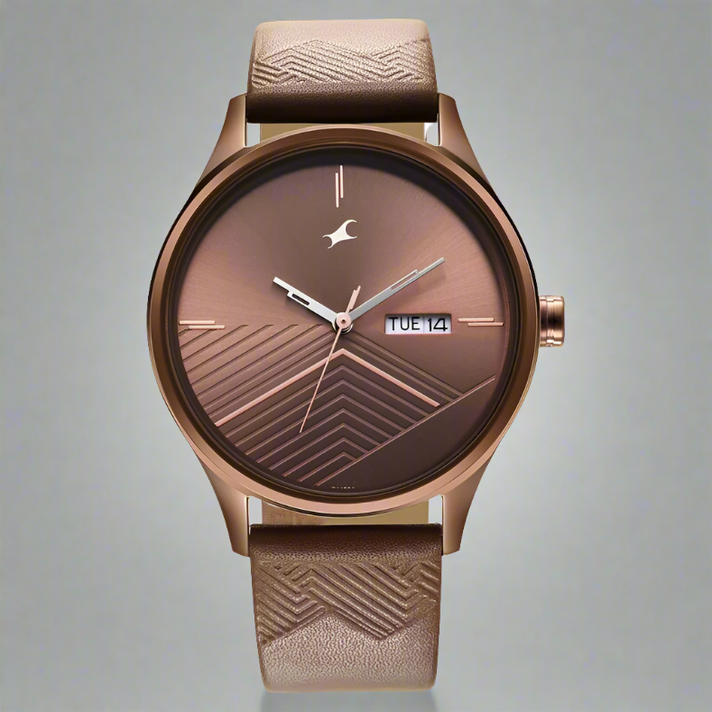 Fastrack Style Up Brown Dial Leather Strap Watch for Guys - NS3247QL02, featuring a round metal case, stylish brown dial, and durable brown leather strap.