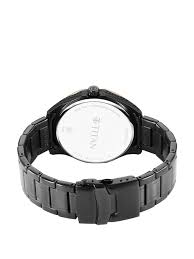 A stylish Titan men's watch featuring a black dial, a durable stainless steel strap, and a refined analog design, perfect for both formal and casual occasions.