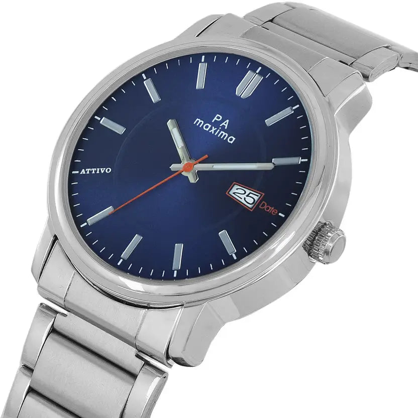 Side View Of Maxima 57760CMGI Analog Blue Dial Men's Chronograph Watch with Silver Stainless Steel Strap