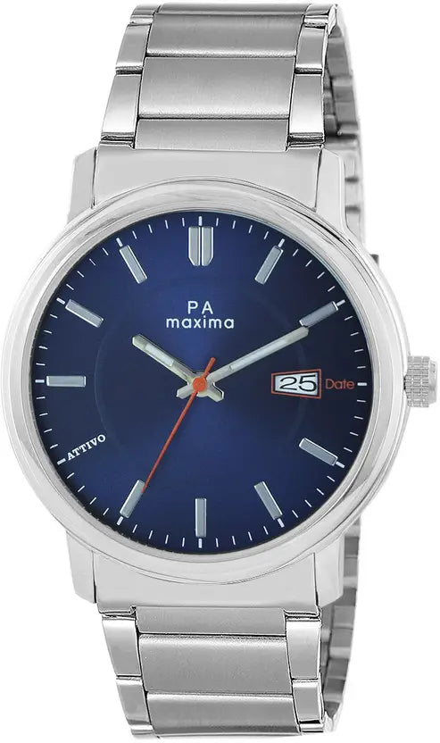 Front View Of Maxima 57760CMGI Analog Blue Dial Men's Chronograph Watch with Silver Stainless Steel Strap