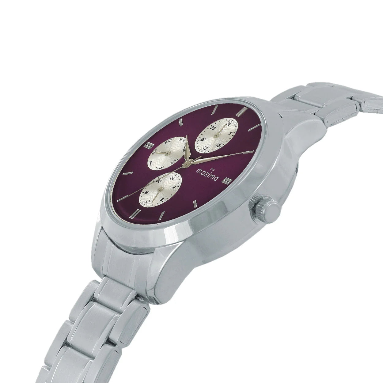 Side View Of Maxima 67452CMLI Women’s Analog Multi Function Watch with Purple Dial and Silver Bracelet Strap.