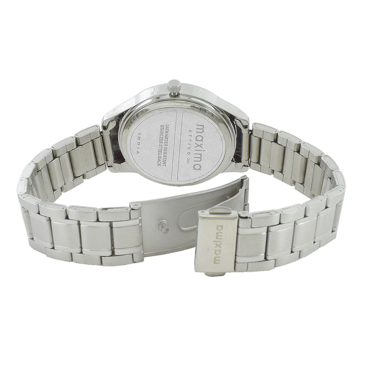 Back View Of Maxima 67452CMLI Women’s Analog Multi Function Watch with Purple Dial and Silver Bracelet Strap.
