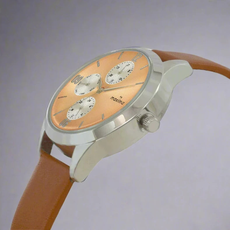 Side View Of Maxima 67461LMLI Women’s Analog Multi-Function Watch with Peach Dial and Brown Strap