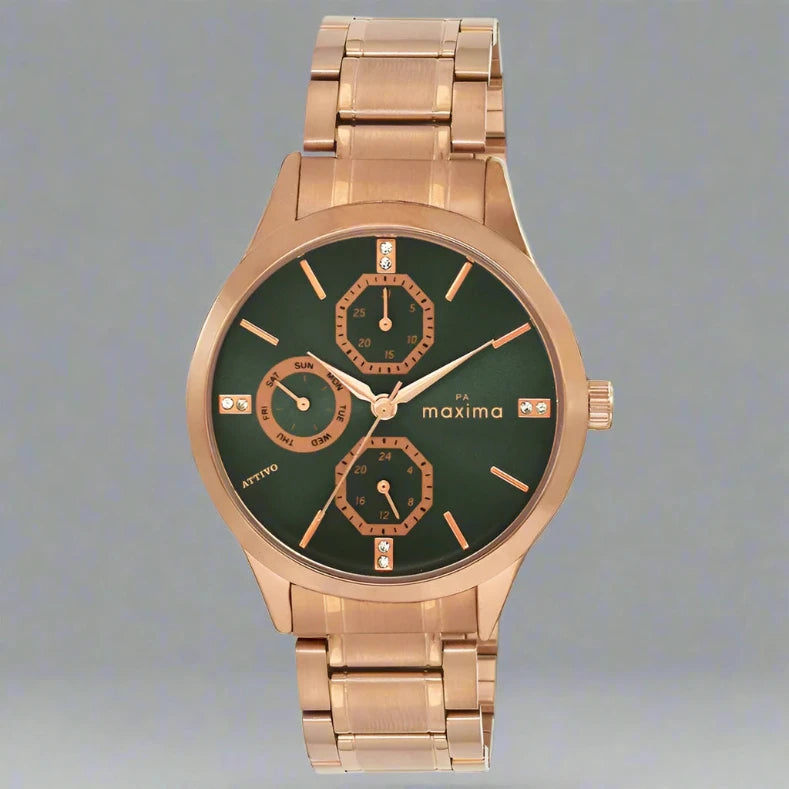 Maxima 67482CMLR Women’s Green Brass Dial Multi-Function Analog Watch with Gold Bracelet Strap