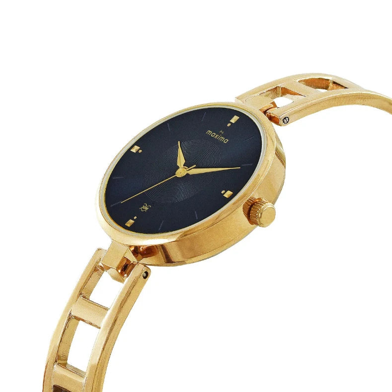 Side View Of Maxima 69012BMLY Women's Analog Watch with Blue Dial and Gold Strap