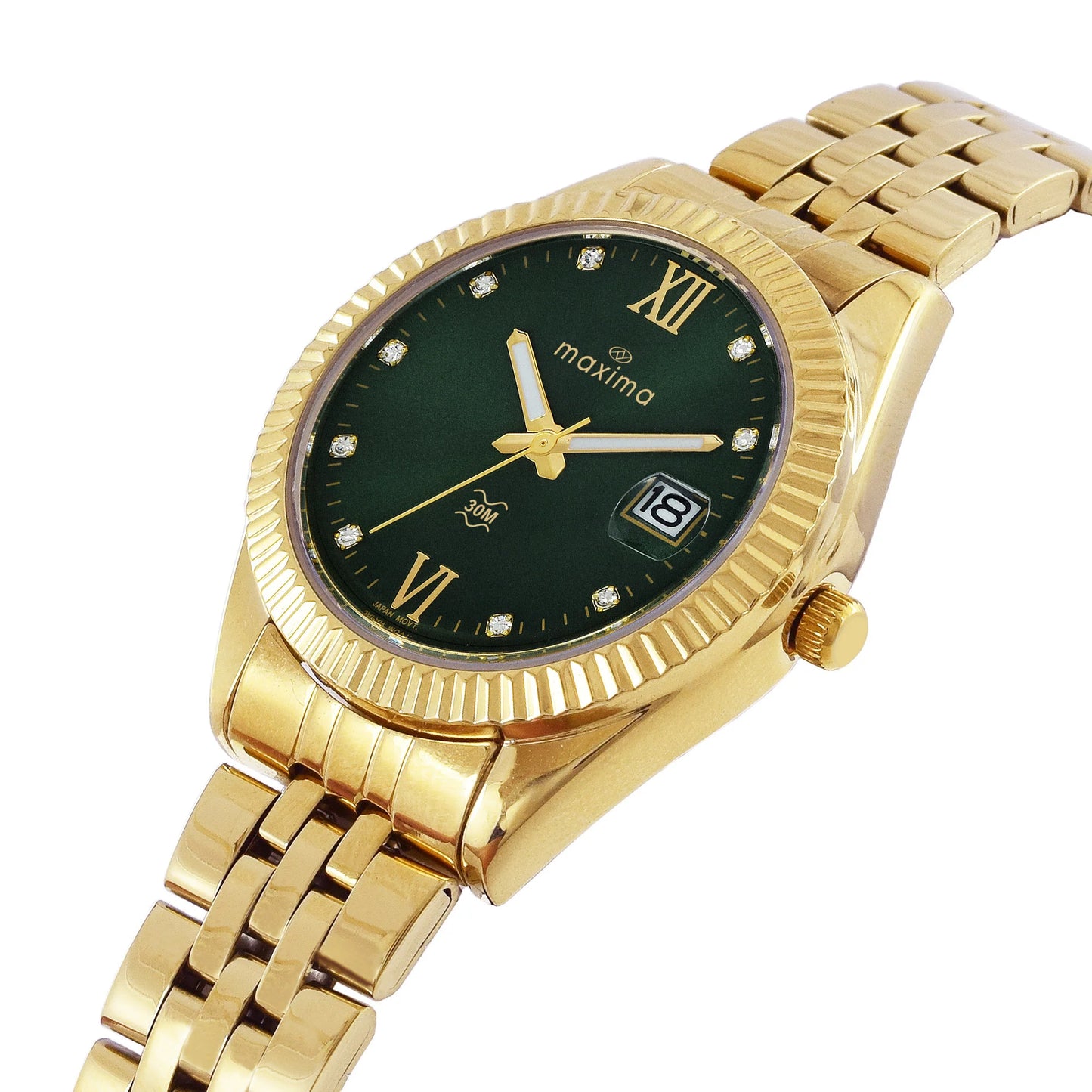 Close View Of Maxima Athena Collection Analog Watch for Women – Model 71141CMLY with gold-toned stainless steel strap