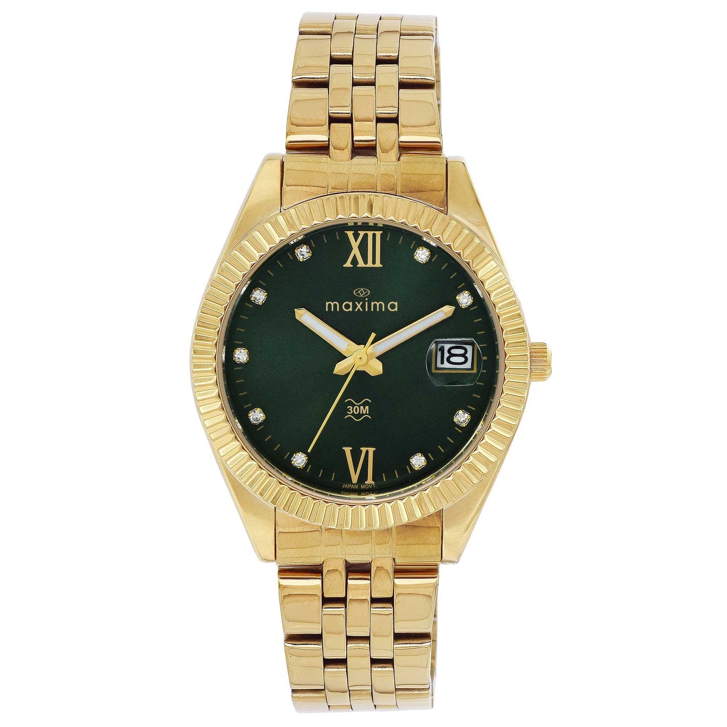 Front View Of Maxima Athena Collection Analog Watch for Women – Model 71141CMLY with gold-toned stainless steel strap