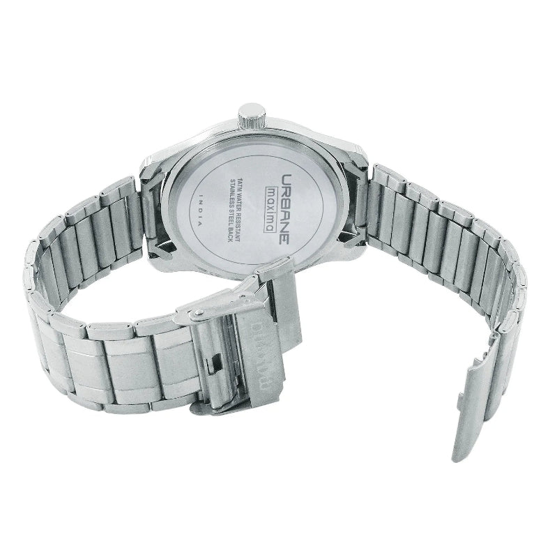 Back View Of Maxima Urbane Analog Watch for Men 69373CMGI with brown dial and silver strap, showcasing a sophisticated and casual style.