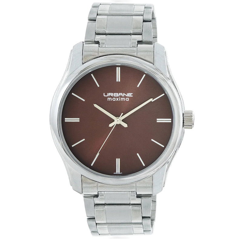 Maxima Urbane Analog Watch for Men 69373CMGI with brown dial and silver strap, showcasing a sophisticated and casual style.