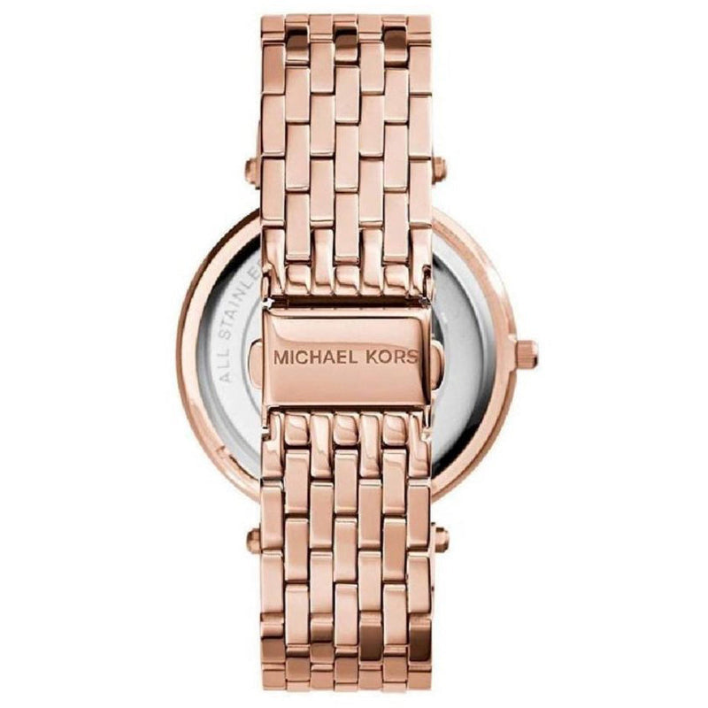 Back View Of Michael Kors MK3439 Women's Stainless Steel Rose Crystal Pave Dial Watch with Rose Gold Band.
