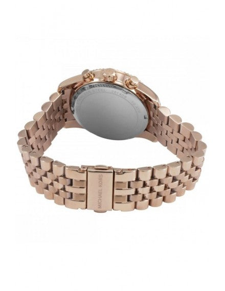 Back View Of Michael Kors MK5569 Women's Analog Watch with Rose Dial and Gold Stainless Steel Band.