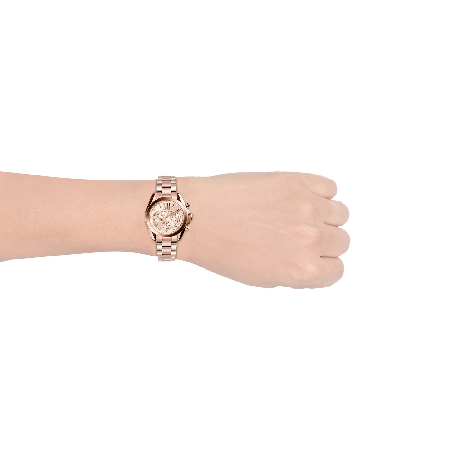 Wearing View Of Michael Kors MK5799 Women's Rose Gold-Tone Stainless Steel Analog Watch.