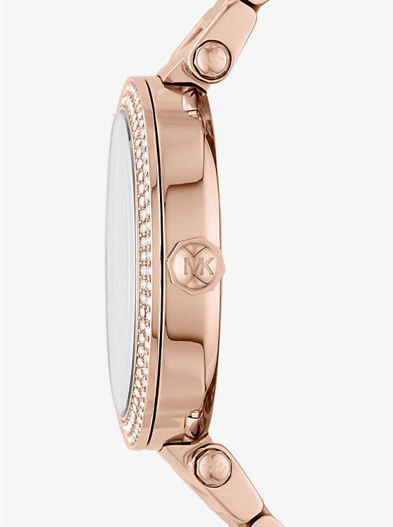 Side View Of Michael Kors MK6660 Women's Parker Rose Gold-Tone Watch with Sparkling Pavé Stones.