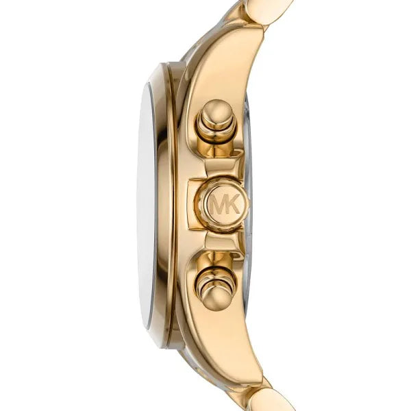 Side View Of Michael Kors MK7257 Women's Stainless Steel Analog Green Dial Watch with Gold Band.