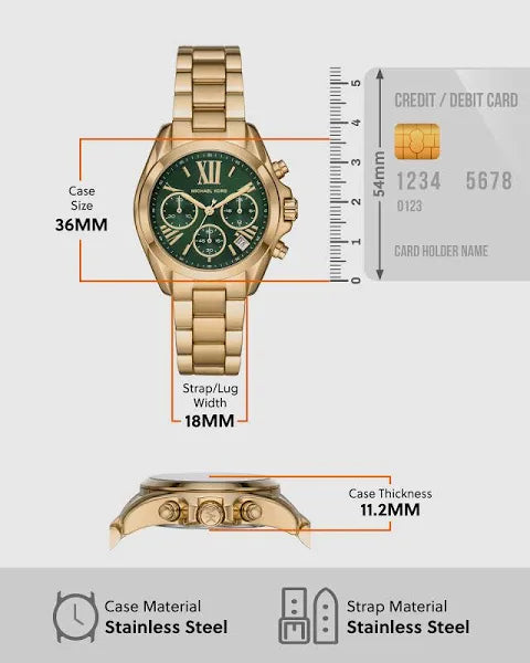 Specification Of Michael Kors MK7257 Women's Stainless Steel Analog Green Dial Watch with Gold Band.
