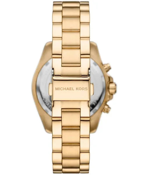 Back View Of Michael Kors MK7257 Women's Stainless Steel Analog Green Dial Watch with Gold Band.