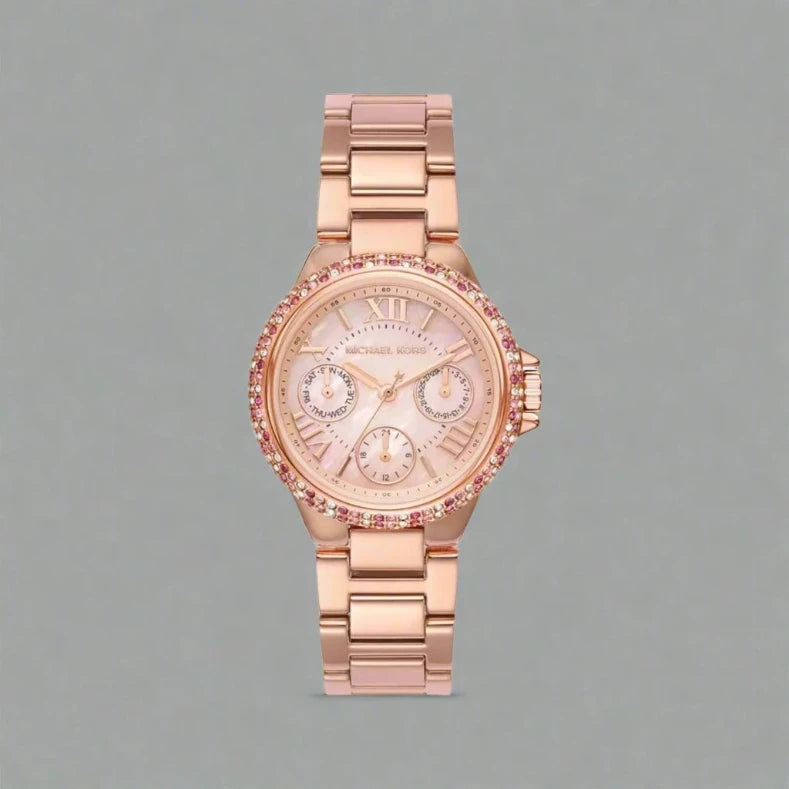 Michael Kors MK7273 Women's Mini Camille Rose Gold-Tone Watch with Pink Mother-of-Pearl Dial.