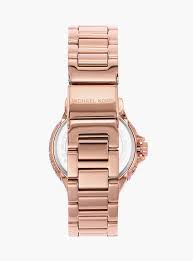 Back View Of Michael Kors MK7273 Women's Mini Camille Rose Gold-Tone Watch with Pink Mother-of-Pearl Dial.
