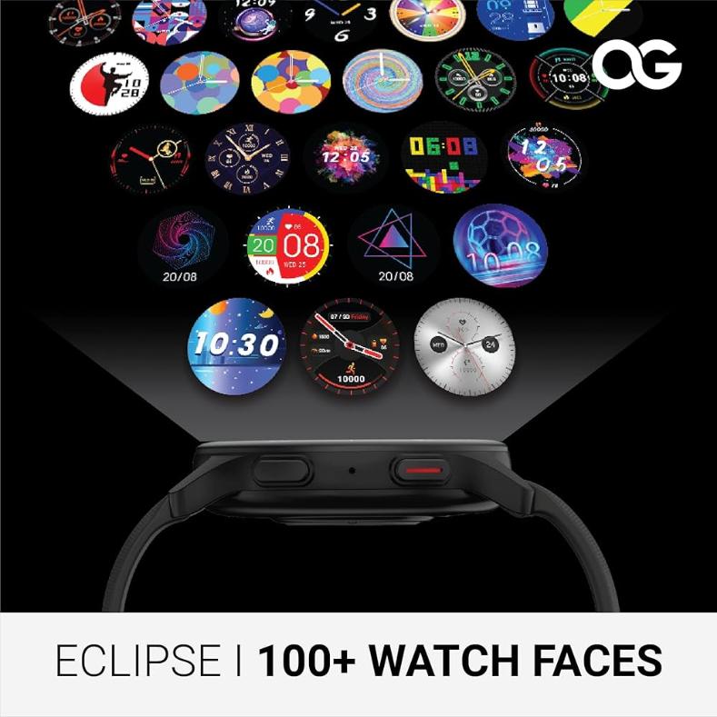 Specification View Of OG Eclipse Smartwatch in Obsidian Black with 1.32-inch HD TruView display and fitness tracking.