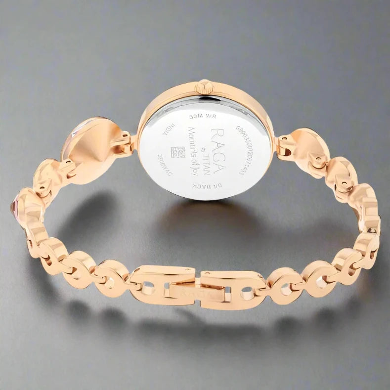 Back View Of Raga Women's Grace Watch: Mother of Pearl Dial & Ornate Bracelet NS2606WM09 - Elegant design with a distinctive ornamental strap.