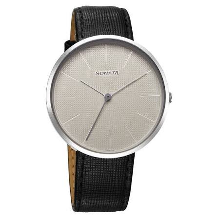 77152SL01 Sonata Ascent Quartz Analog White Dial Leather Strap Watch For Men