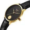 Close View Sonata 7153YL01 Gold Quartz Analog Watch for Men with Black Dial and Leather Strap featuring a Gold Coin on the Dial