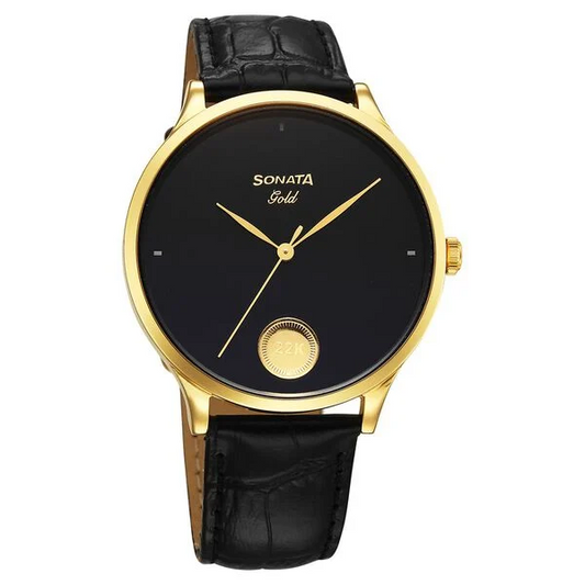 Sonata 7153YL01 Gold Quartz Analog Watch for Men with Black Dial and Leather Strap featuring a Gold Coin on the Dial