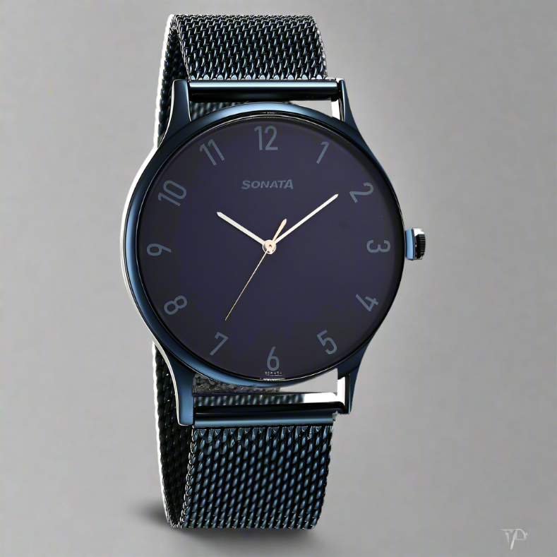 Front Look Of Sonata 77105QM01 Blues Quartz Analog Blue Dial Metal Strap Watch for Men